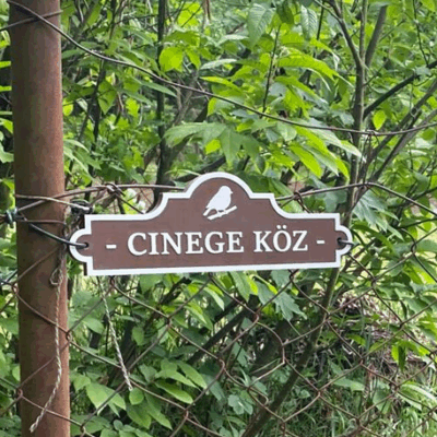 Cinege Köz utcatábla kerítésen